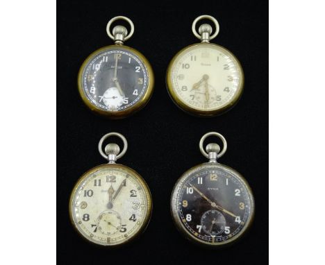Four WWII British Military Issue pocket watches including Jaeger-LeCoultre, Cyma, Damas and Grana, all back case with broad a