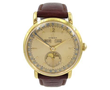 Omega Cosmic Moonphase triple calendar gentleman's 18ct gold manual wind wristwatch, circa 1940's, 17 jewels movement, Cal. 2