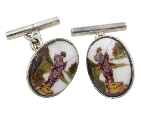 Pair of silver enamel fly fishing cufflinks, stamped 925