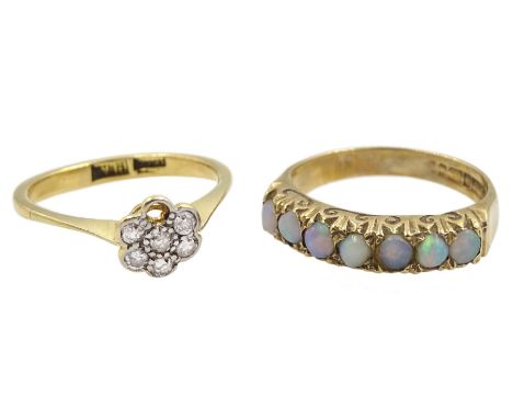 Early 20th century 18ct gold old cut diamond cluster ring and a 9ct gold seven stone opal ring, both stamped Condition Report