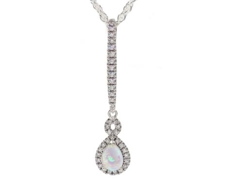 Silver pear shaped opal and cubic zirconia pendant necklace, stamped 925 Condition Report:Pendant length = 3.7cm, chain lengt