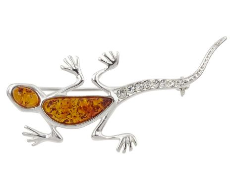 Silver Baltic amber and cubic zirconia lizard brooch, stamped 925 Condition Report:Length = 50mm, good condition 