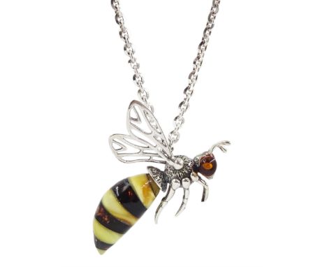 Silver Baltic amber honey bee pendant necklace, stamped 925, retailed by Whitby Jet Store with receiptCondition Report:Pendan