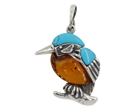 Silver Baltic amber and turquoise kingfisher pendant, stamped 925Condition Report:Length 36mm, good condition 