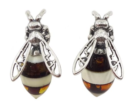 Pair of silver amber bee stud earrings, stamped 925Condition Report:Length = 18mm, good condition 