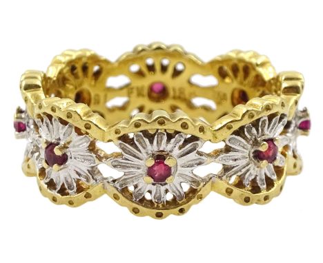 18ct white and yellow gold ruby open flower design eternity ring, stamped 750Condition Report:Approx 7.5gm, size Q, depth = 9