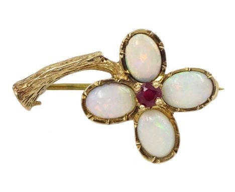 9ct gold four stone opal and single stone ruby flower brooch, London 1974Condition Report:Approx 3.9gm, length = 29mm, good c