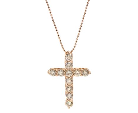 18ct rose gold round brilliant cut diamond cross pendant, on silver-gilt necklace, total diamond weight approx 2.20 caratCond