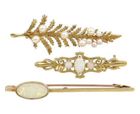 Early 20th century gold single stone opal bar brooch, gold three stone opal brooch, London 1990 and one other gold pearl leaf