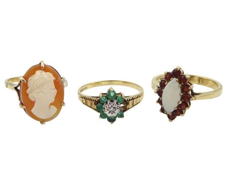 Gold opal and garnet cluster ring, gold emerald and diamond cluster ring and a gold cameo ring, all hallmarked 9ctCondition R