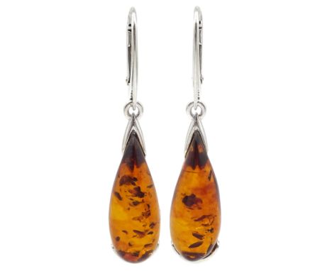 Pair of silver Baltic amber pendant earrings, stamped 925Condition Report:Length = 46mm, good condition 