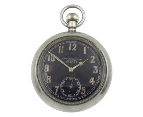 WWI British Military nickle open face keyless lever pocket watch by H. Williamson, London, No. 196228, black dial with subsid