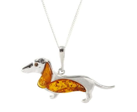 Silver Baltic amber Dachshund pendant necklace, stamped 925Condition Report:Chain length = 40.5cm, pendant length = 2.5cm, go