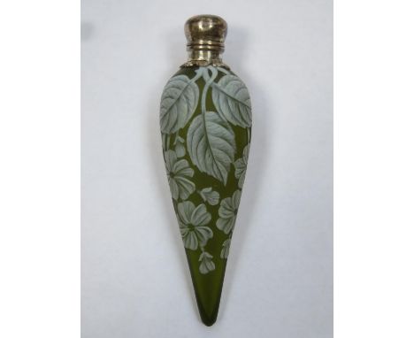 Thomas Webb Cameo 19th century conical form perfume bottle / flask , frosted olive green glass with relief foliate and butter