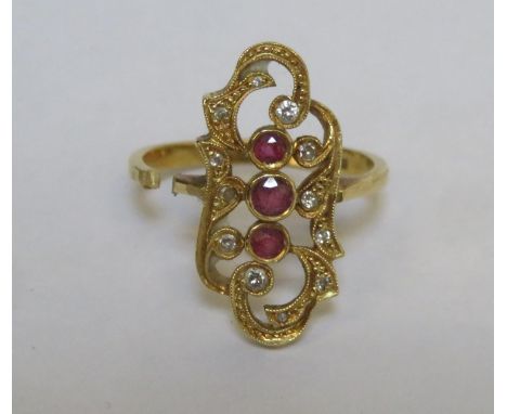 18ct gold dress ring set with ruby coloured stones &amp; clear stones, for restoration 