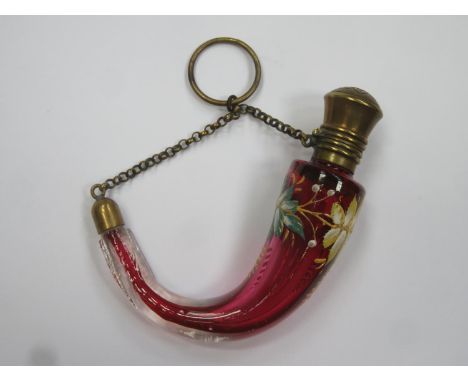 19th century cranberry glass hunting horn shaped scent / perfume bottle, with enamelled foliate decoration and original hinge