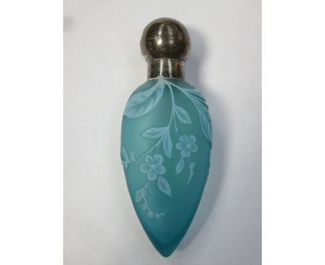 Thomas Webb Cameo 19th century conical form perfume bottle / flask , frosted aqua blue / green glass with relief foliate deco