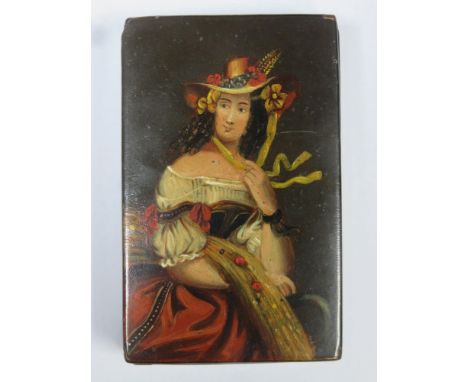 19th century black laquered snuff box with hinged cover, hand painted with female portrait, unsigned 