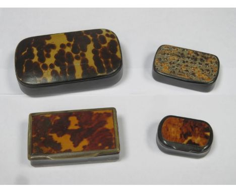 Three various tortoise shell lidded snuff boxes, plus snakeskin lidded snuff box 