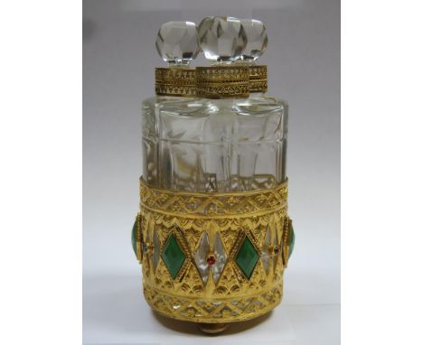 Pretty victorian etched and cut glass triple scent bottles and stoppers, within jewelled gilt metal caddy stand, with piercew