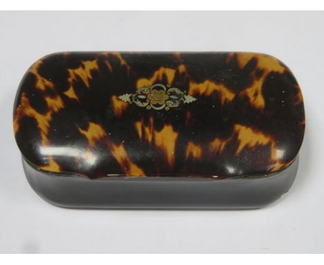 19th century tortoise shell and horn snuff box with hinged cover, inlaid to lid with yellow metal and mother of pearl floral 