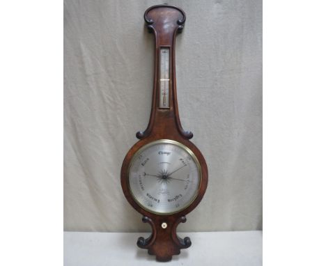 Victorian burr walnut banjo / wheel barometer with star centre silver coloured register and mounted thermometer, by L. Casart