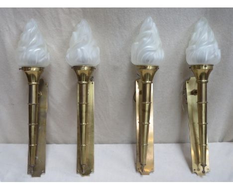 Set of twelve early 20th century brass wall sconce light fittings, all with frosted glass shades. Approx. 67cms high 