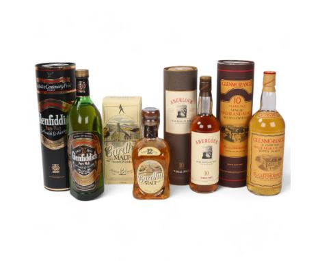 4 bottles of Scotch Malt Whisky, Genmorangie 10 Years Old 1L 43%, Abelour 10 Years Old 70cl 40%, Glenfiddich Centenary editio