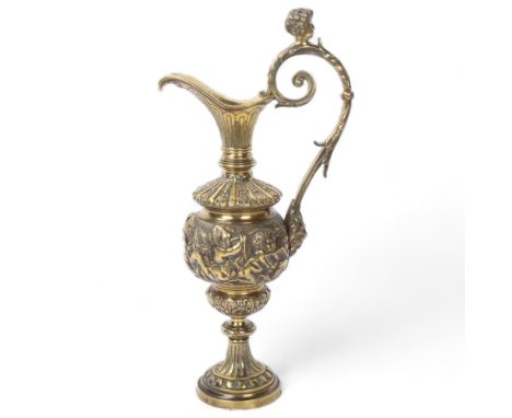19th century Italian bronze ewer, after Cellini, relief cast frieze depicting Classical cherubs, height 42cmGood condition