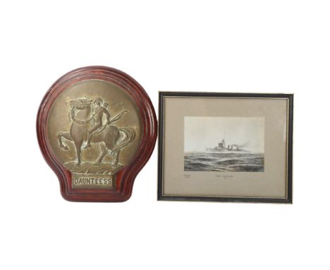 HMS Dauntless (D45-1918 Danae-Class Light Cruiser), a solid cast relief ship's plaque, depicting a Classical figure on horseb