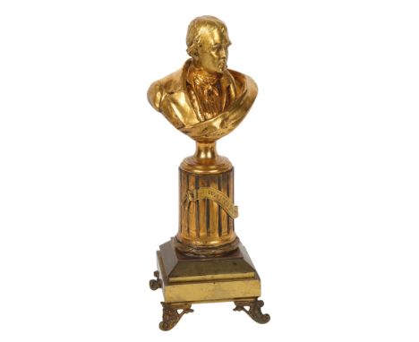 Bust of Sir Walter Scott (1771 - 1832), gilt-bronze, on fluted bronze column and stepped base, unsigned, overall height 34cmG