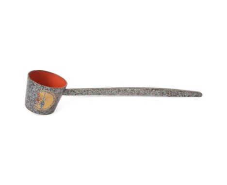 A Japanese Hishaku Edo Period lacquer temple ladle, with mother-of-pearl inlay, red lacquer bowl and gold mon on 1 side and u
