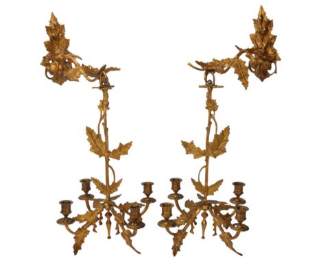 A pair of gilt-bronze acanthus leaf design 4-branch hanging candle chandeliers, circa 1830 - 1850, with ceiling brackets, ove