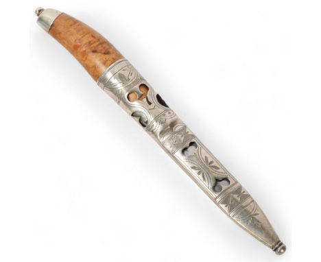 A Scandinavian belt knife by A Elstad, birch wood handle in unmarked silver fretwork scabbard, length 23cmVery good condition