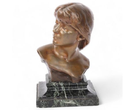 Jean Antoine Injalbert (1845 - 1933), bust of a woman, patinated bronze on green marble base, signed, height 22cmGood origina