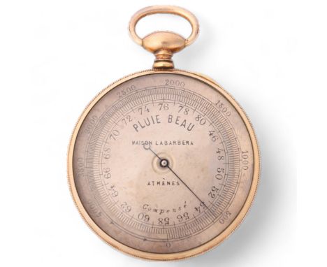 A 19th century gold plated pocket barometer, engraved silvered dial, Maison Labarbera Athens, width 5cmCase has a few light s