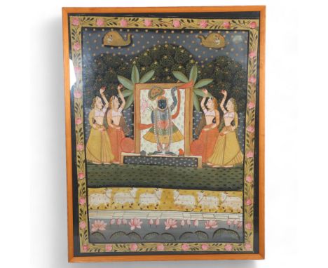 A large scale Indian painting on fabric, depicting figures in a temple garden, modern frame and glazed, overall frame dimensi