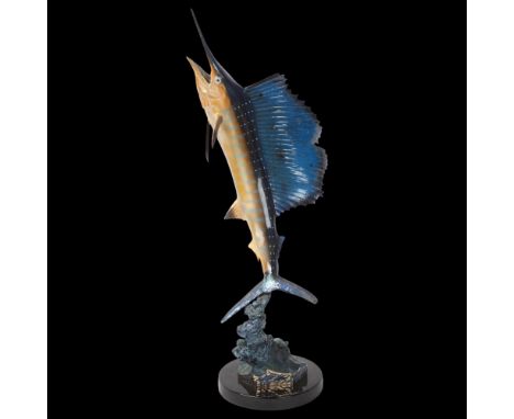 Robert Wyland (born 1956), sailfish 1996, bronze signed no. 131/350, on marble base, overall height 56cmVery good condition