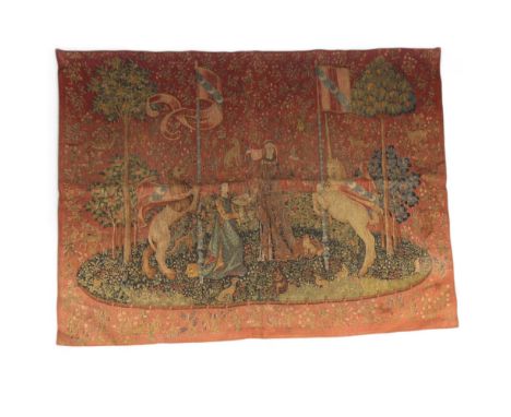 A large French needlepoint wall-hanging tapestry, circa 1920, La Dame and La Unicorne, Laine Et Lin, label verso, 160cm x 138