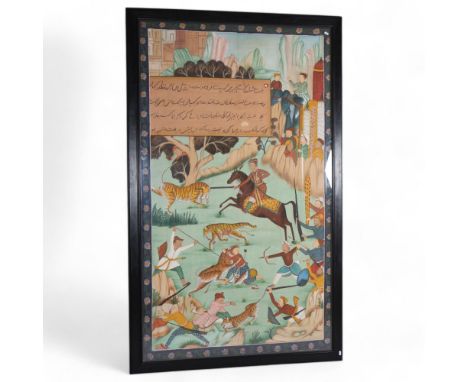 A large scale Indian painting on fabric, depicting tiger hunting scene with text panel, modern frame and glazed, overall fram