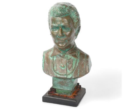 Verdigris bronze bust of a woman, signed with monogram ST on wood plinth, height 39cm