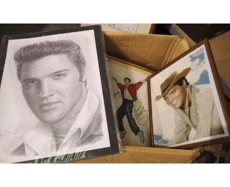 Two boxes of mixed Elvis Presley ephemera to include plates, puzzles, signs, framed prints etc. Not available for in-house P&