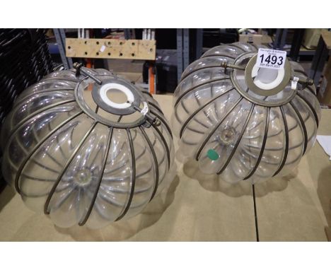 Pair of bulbous glass brass bound light shades, D: 25 cm. Not available for in-house P&amp;P 