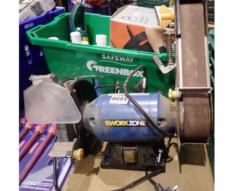 Work Zone bench grinder with sanding belt. All electrical items in this lot have been PAT tested for safety and have passed. 