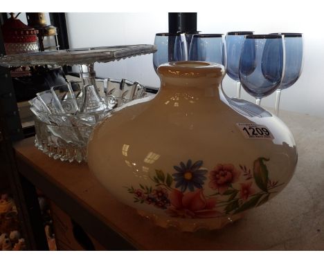 Mixed glassware including six matching wine glasses, decorative glass bowls and a ceramic lamp base. Not available for in-hou