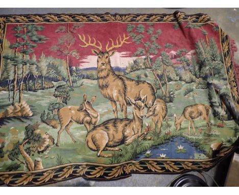 Large red ground tapestry depicting stags, 190 x 122 cm. Not available for in-house P&amp;P 