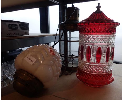 Brass lantern style shade, a further coloured glass shade and a 1950s milk glass shade (3). Not available for in-house P&amp;