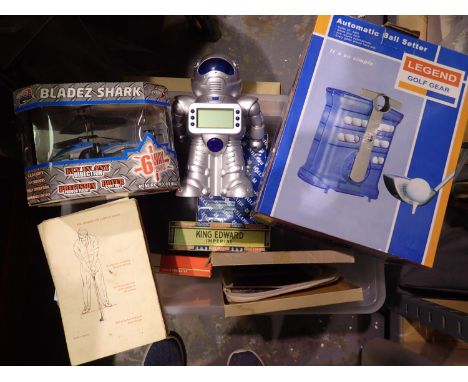 Mixed toys to include a boxed Bladez Shark helicopter and a robot. Not available for in-house P&amp;P 