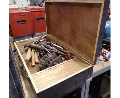Wooden tool chest containing vintage tools. Not available for in-house P&amp;P 
