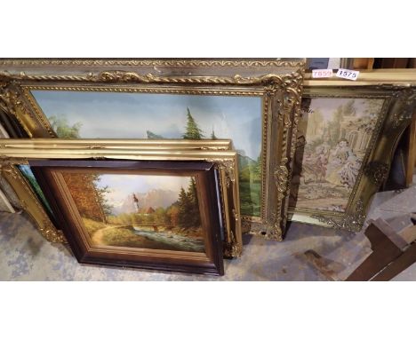 Six large framed paintings and tapestry, largest 95 x 42 cm. Not available for in-house P&amp;P 